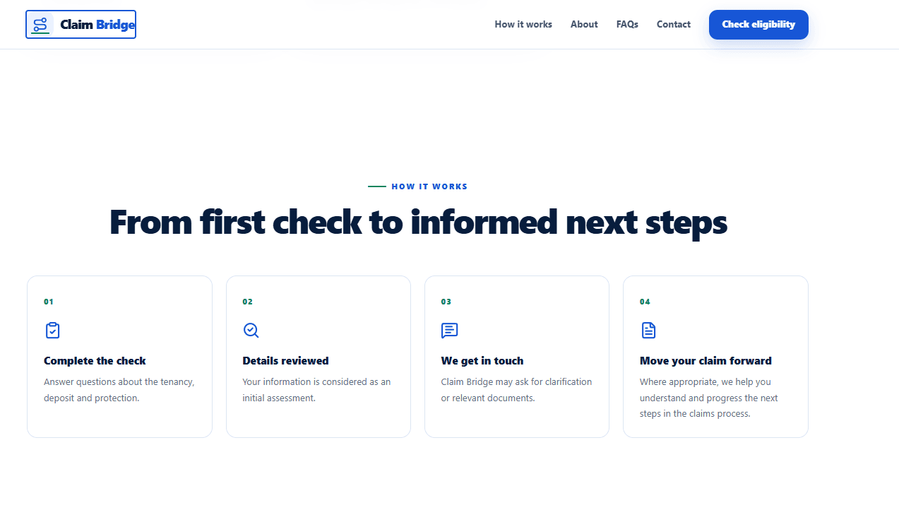 Claim Bridge four-step process from completing an eligibility check to informed next steps.