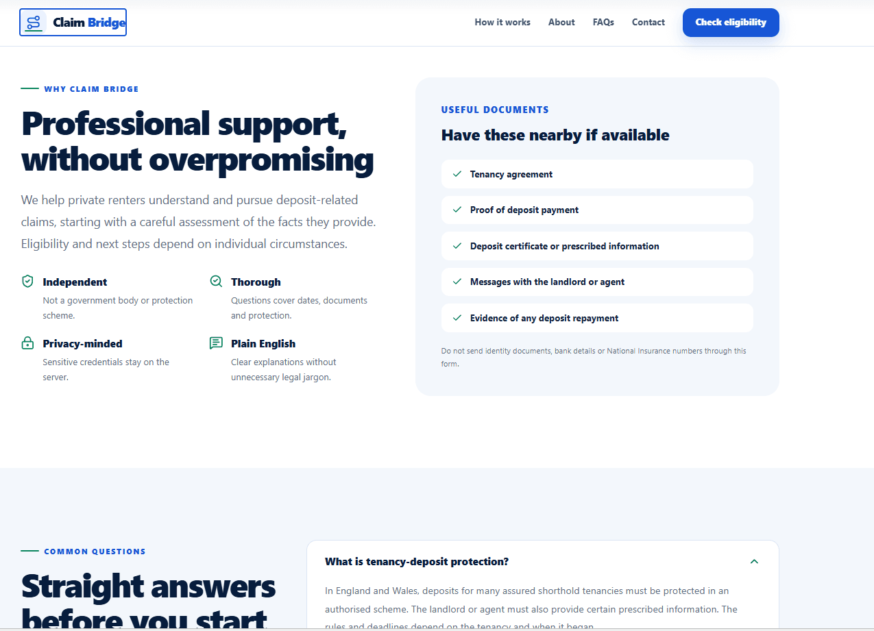 Claim Bridge trust principles, useful document checklist and accessible FAQ interface.