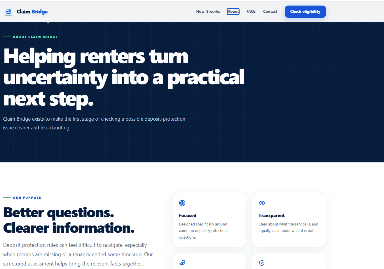 Claim Bridge about page explaining its focused, transparent approach for private renters.