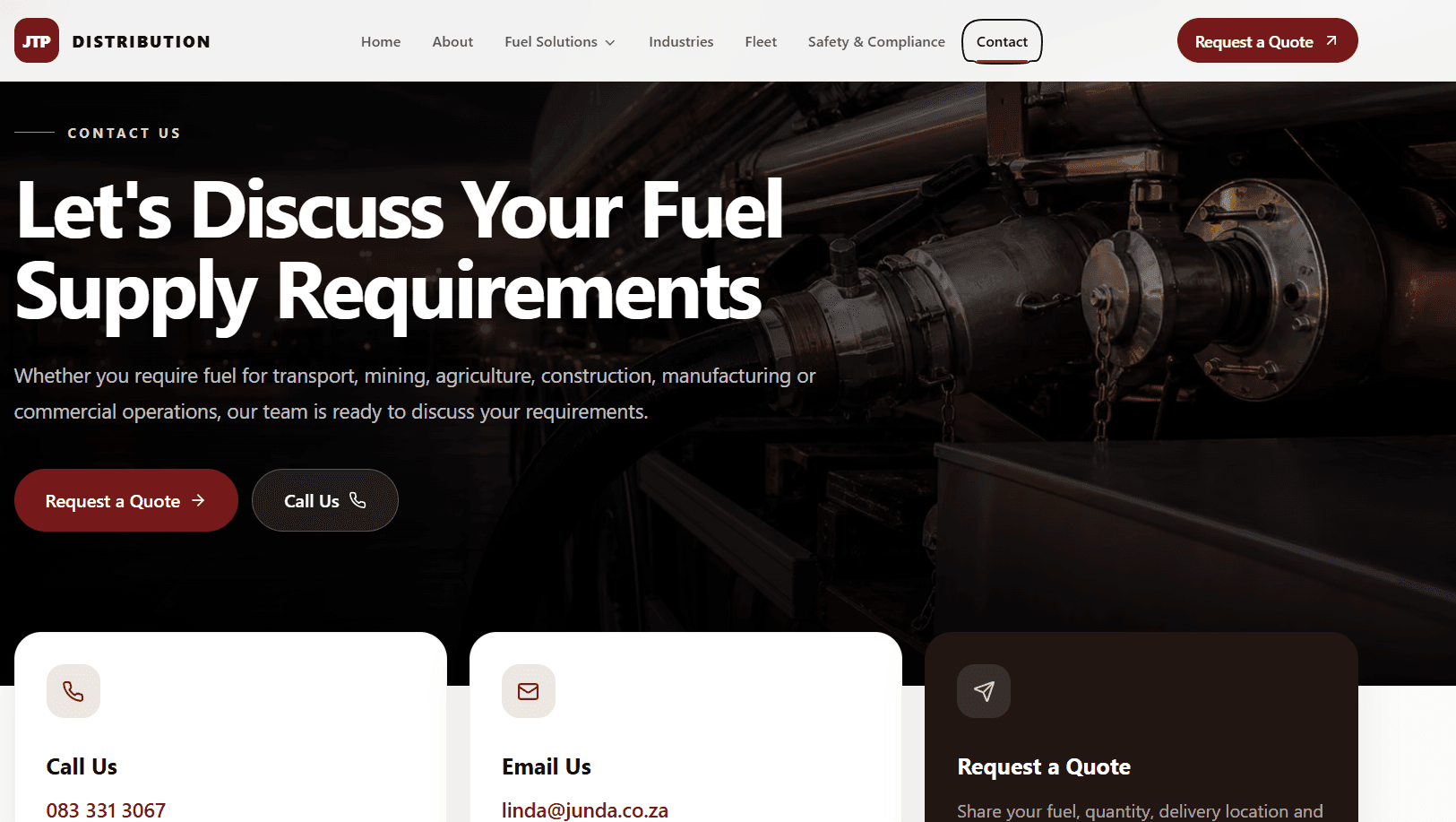 JTP Distribution contact page with customer support options and calls to action.