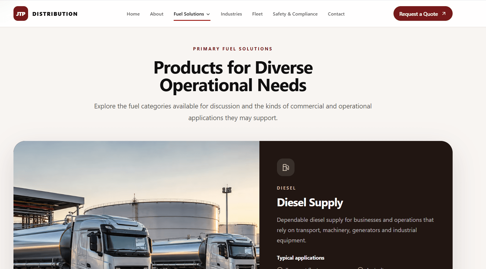 JTP Distribution diesel product page with product information and enquiry pathways.