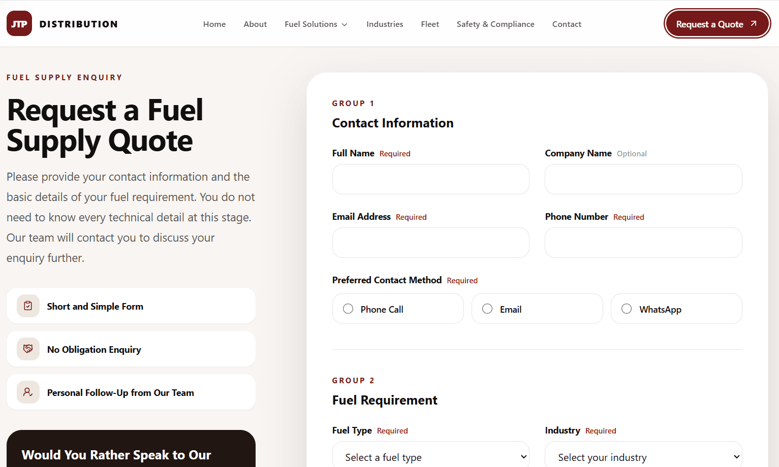 JTP Distribution quote request form for commercial fuel enquiries.