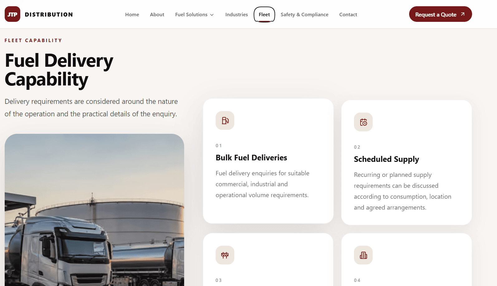 JTP Distribution fleet capability page presenting operational delivery capacity.
