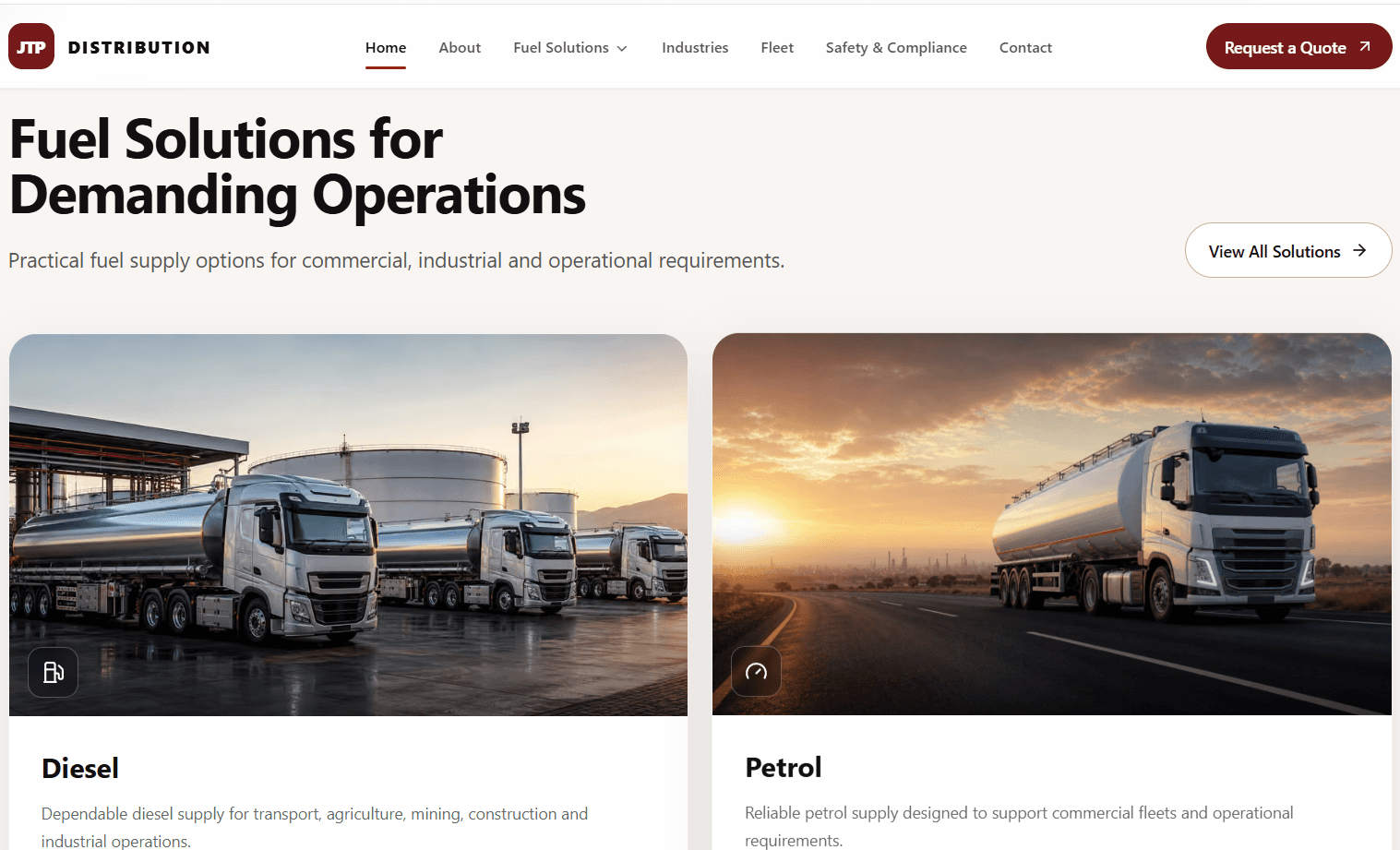 JTP Distribution fuel solutions overview with organised commercial fuel service cards.