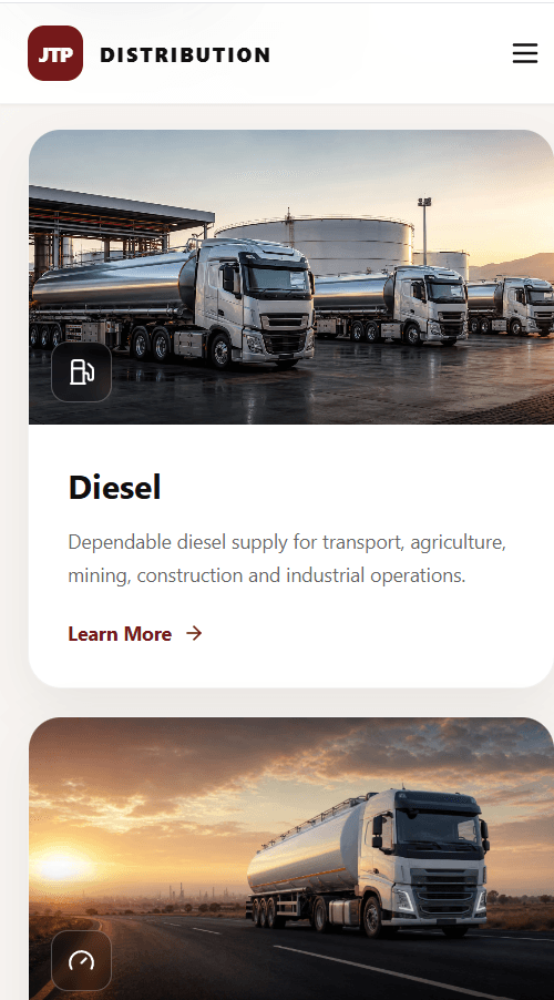 JTP Distribution fuel solutions displayed in its responsive mobile layout.