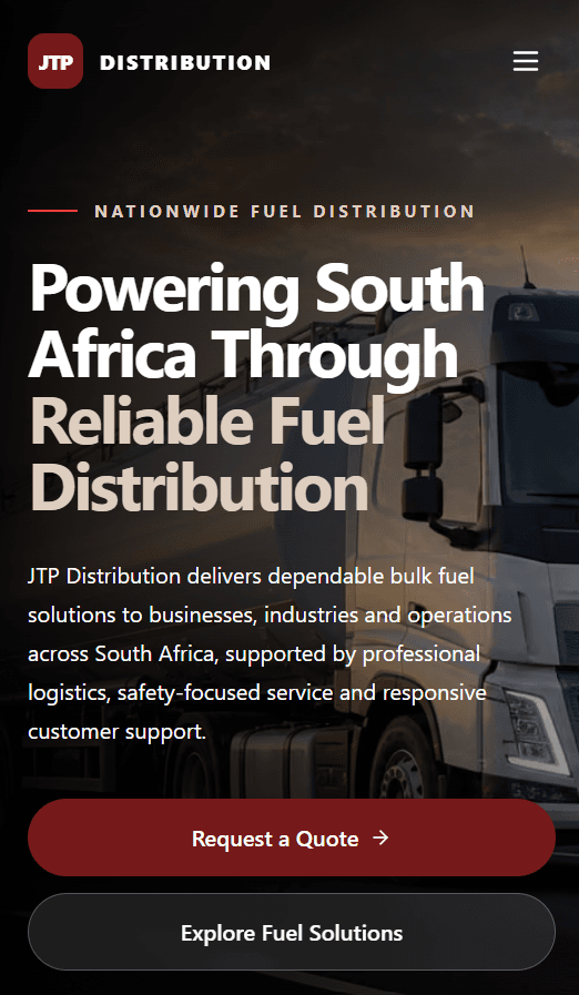 JTP Distribution homepage displayed in its responsive mobile layout.