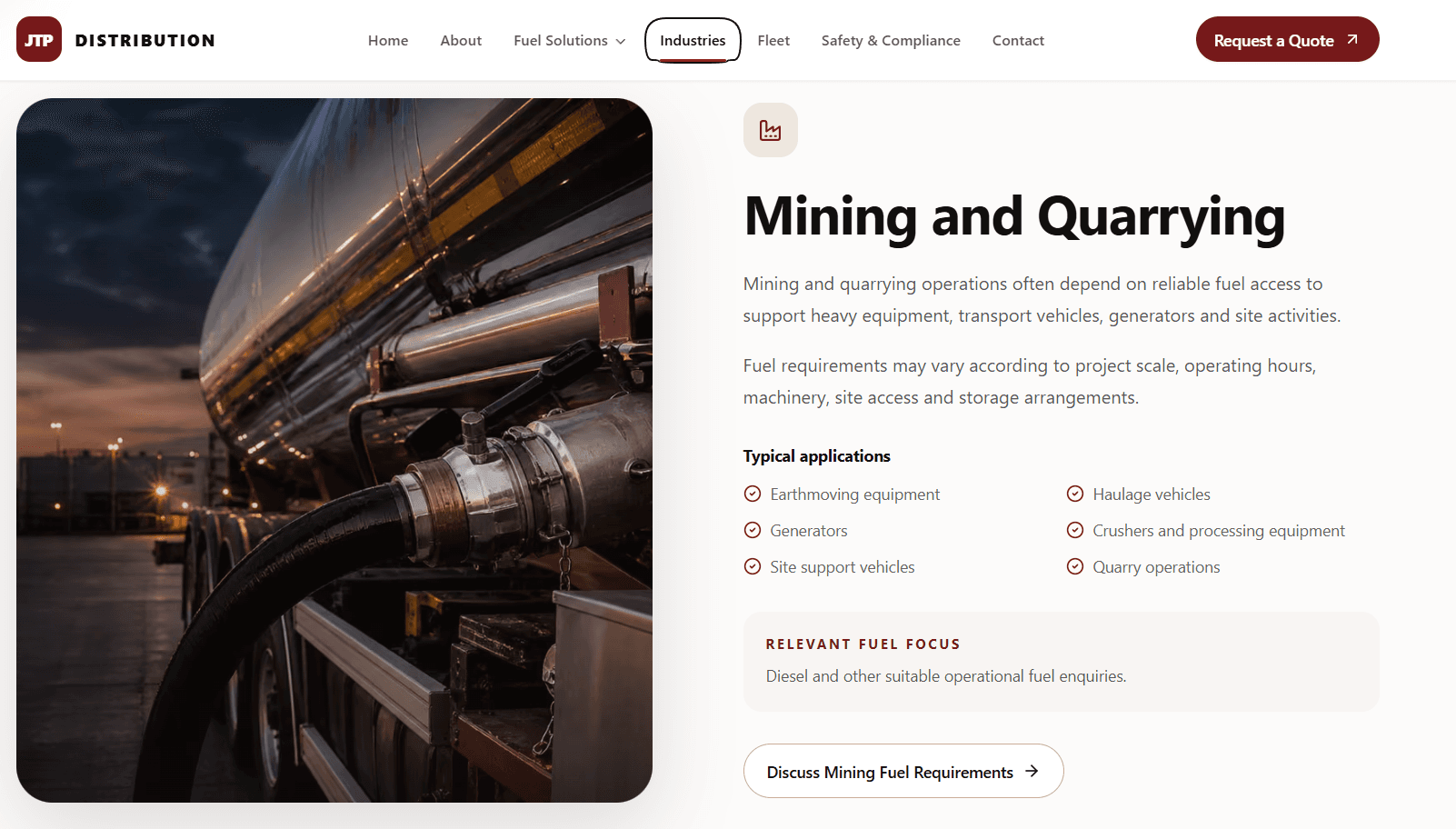 JTP Distribution industries page with sector-specific fuel supply solutions.