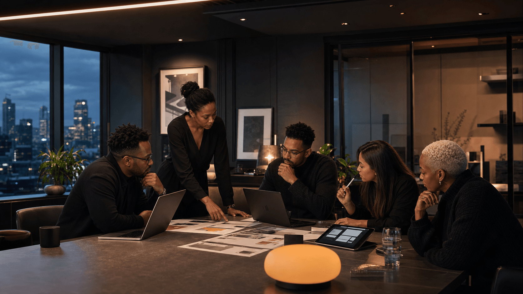 A multidisciplinary Prolific Masters team reviewing digital concepts around a studio table